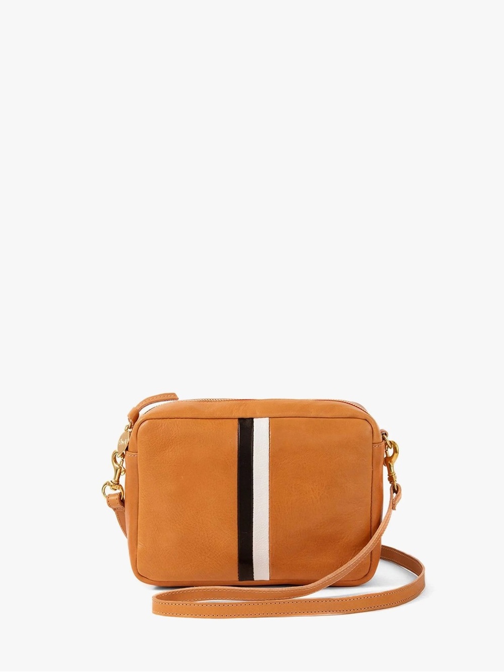 Leather Crossbody Bag in Tan with Black & White Stripe